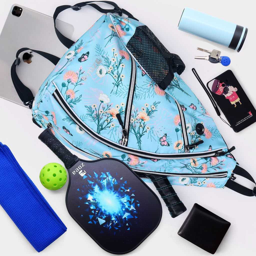 ZOEA Pickleball Sling Bag, Adjustable Pickleball Backpack with Fence Hook Water Bottle Holder, Fits 4 Paddles and All Your Other Gear (Flower Blue)