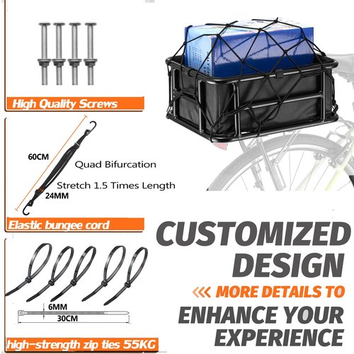 YONTUO Bike Basket Rear with Liner,Large Bicycle Basket with Waterproof Cover,Bicycle Rear Basket with Cargo Net and Elastic Bungee Cord for Electric Bike