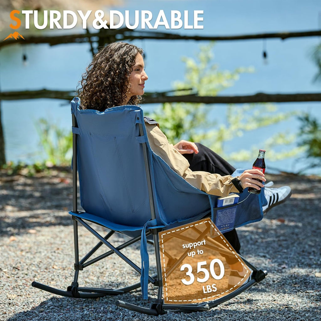 Portal Outdoor Rocking Chair - Portable Folding Rocker with Cup Holder & Side Pocket | Supports 350LBS, Blue