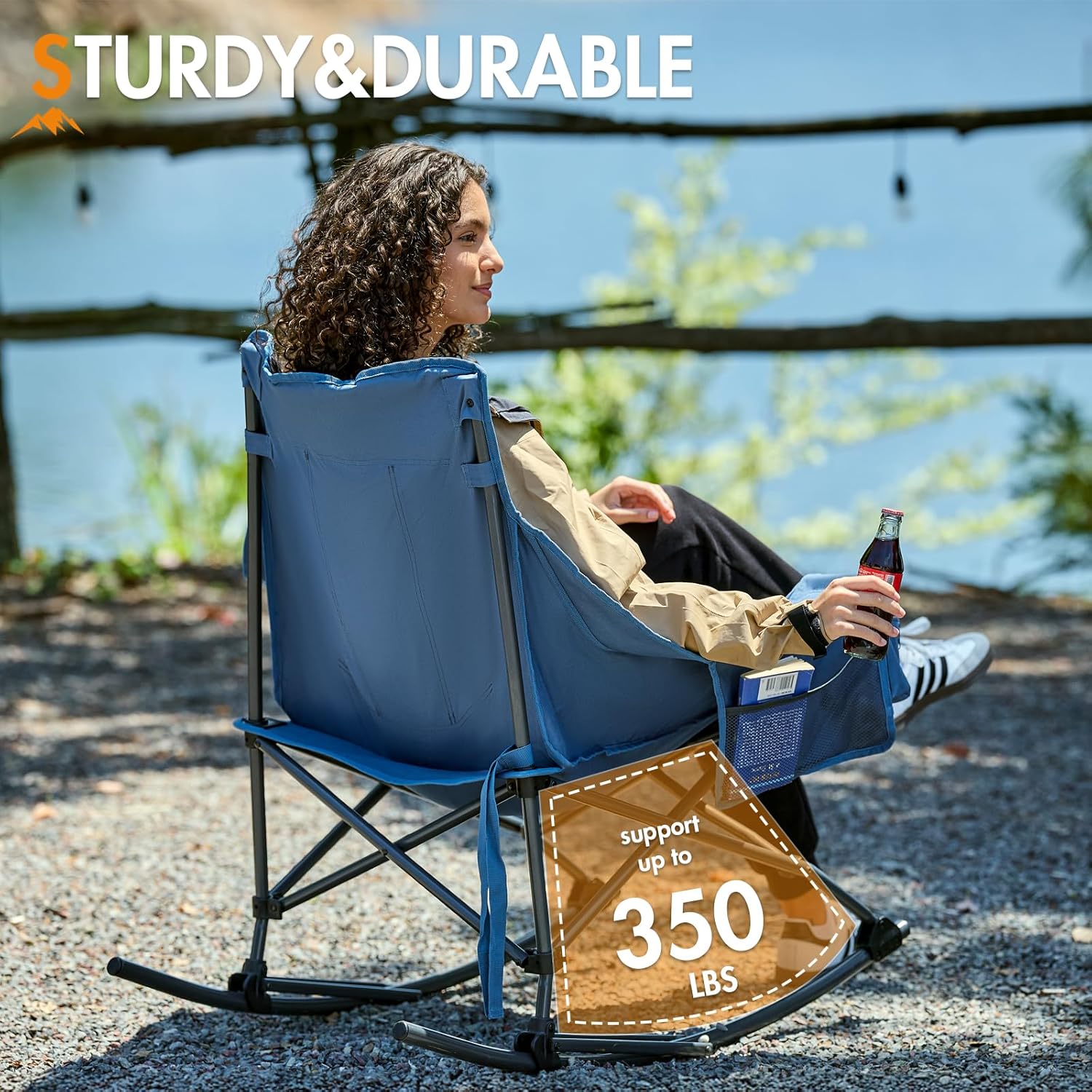 Portal Outdoor Rocking Chair - Portable Folding Rocker with Cup Holder & Side Pocket | Supports 350LBS, Blue