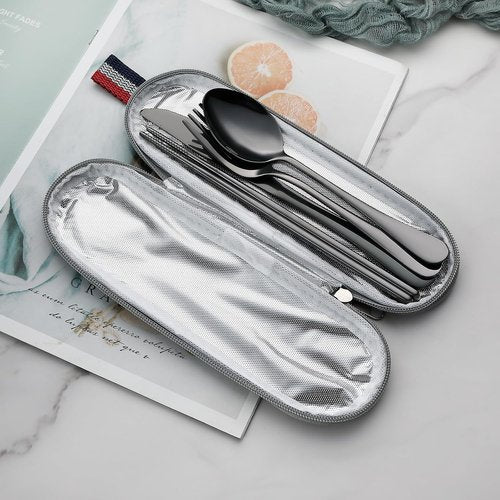DEVICO Portable Camping Utensils Set - Stainless Steel Reusable Cutlery with Case | 5-Piece Set in Black