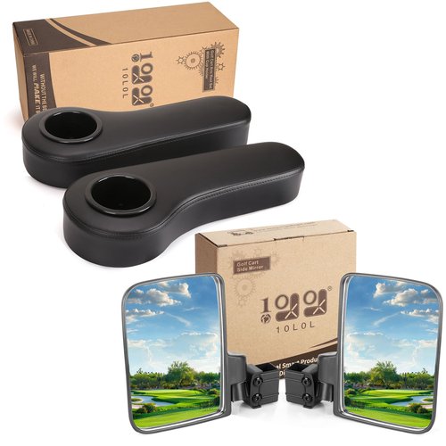 10L0L Golf Cart Rear Seat Kit Arm Rest Set with Cup Holder and Golf Cart Mirror, No-Drilling Side Rear View Mirror Compatible with EZGO Club Car Yamaha Golf Cart and Others