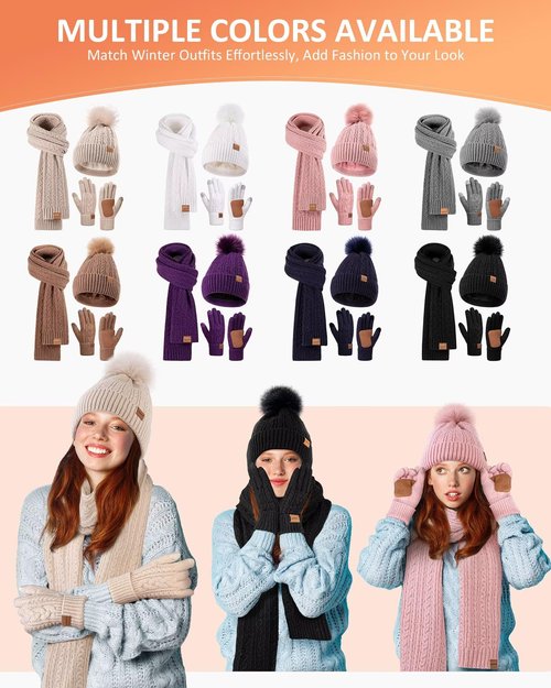 Winter Beanie Hat Scarf Gloves Set for Women, Pom Pom Beanie with Fleece Lined Long Knit Neck Warmer Touchscreen Gloves, Warm 3 in 1 Stocking Stuffers Gift Set for Mom Her Cold Weather(White)