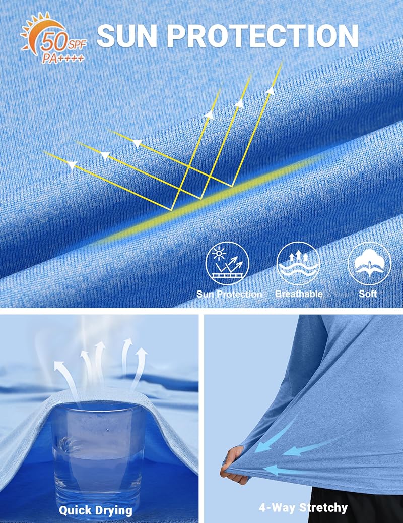 COOFANDY Men's UPF 50+ Fishing Shirt Hooded Long Sleeve Rash Guard, A-light Blue, Large
