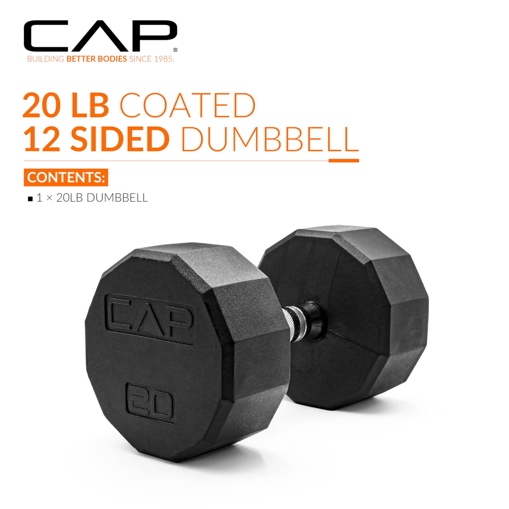 CAP 20 LB 12-Sided Rubber Coated Dumbbell Weight, Rubber Free Weights for Home Gym Strength Training, Chrome Handle, Single