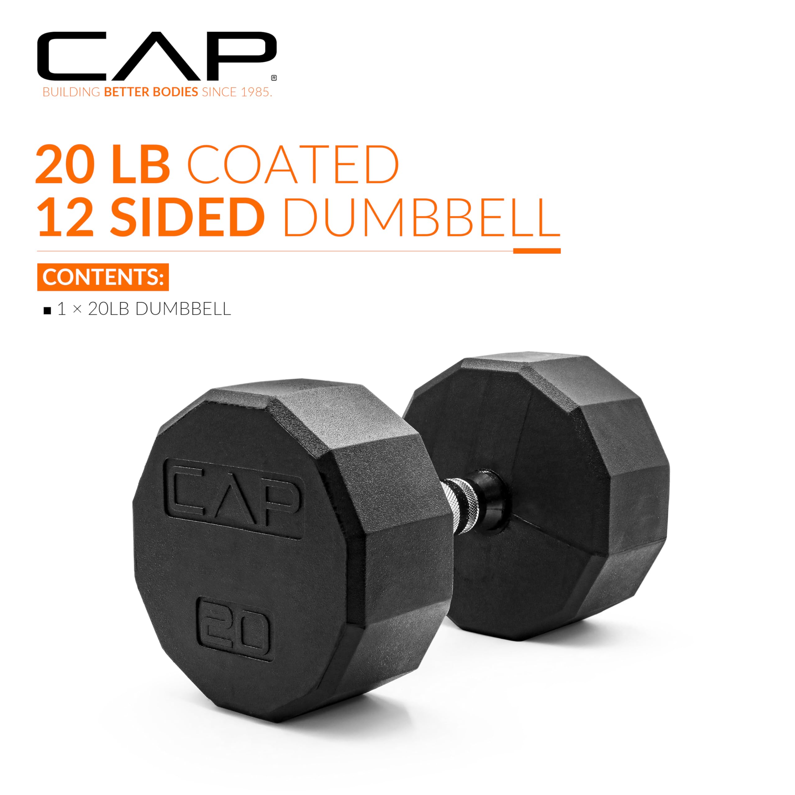 CAP 20 LB 12-Sided Rubber Coated Dumbbell Weight, Rubber Free Weights for Home Gym Strength Training, Chrome Handle, Single