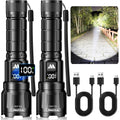 Wdtpro LED Rechargeable Flashlight 2Pack, 3Modes Super Bright High Lumens Flashlights, Zoomable Tactical Flashlight with LCD Display, IP65 Waterproof Flashlights for Home Emergency Camping & Gifts Men
