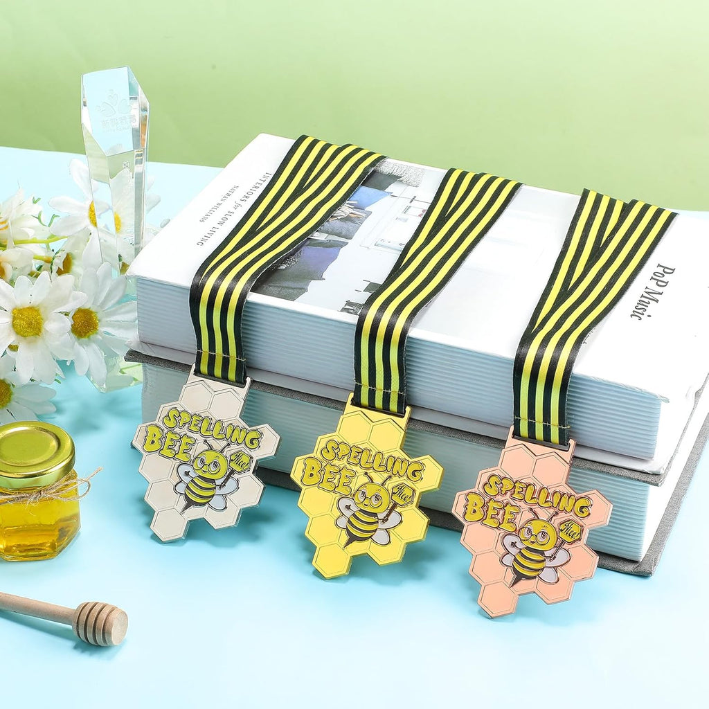 Remuuly Spelling Bee Honeycomb Medals - 1st, 2nd, 3rd Place Awards with Neck Ribbon | 3.2 x 2.8 Inches (Classic)