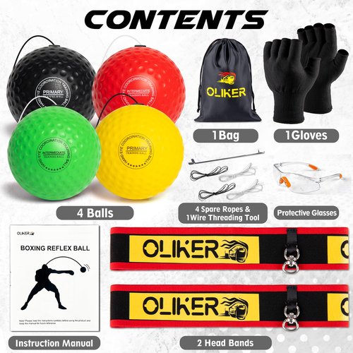 OLIKER Boxing Reflex Ball for Adults and Kids, 4 Levels Boxing Ball with Adjustable Headbands, Perfect for Reaction, Agility, Punching Speed, Fight Skill and Hand Eye Coordination Training (Set-2)