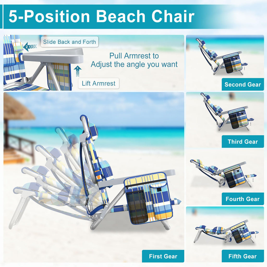 Suteck Beach Chair, Adjustable 5-Position Backpack Beach Chairs for Adults Kids, Foldable Lay Flat Chair with Cooler Bag, Cup Holder and Lumbar Pillow, Reclining Lay Down Chairs for Lawn Outdoor