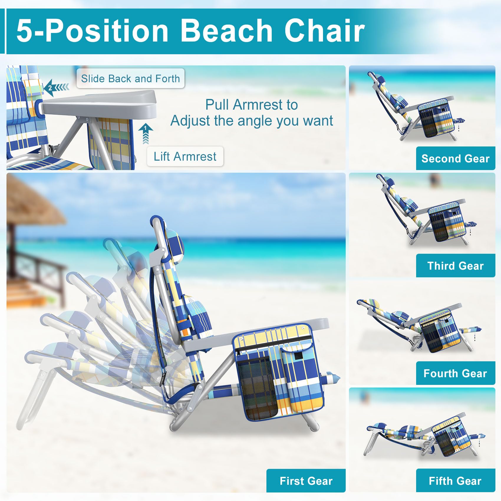 Suteck Beach Chair, Adjustable 5-Position Backpack Beach Chairs for Adults Kids, Foldable Lay Flat Chair with Cooler Bag, Cup Holder and Lumbar Pillow, Reclining Lay Down Chairs for Lawn Outdoor