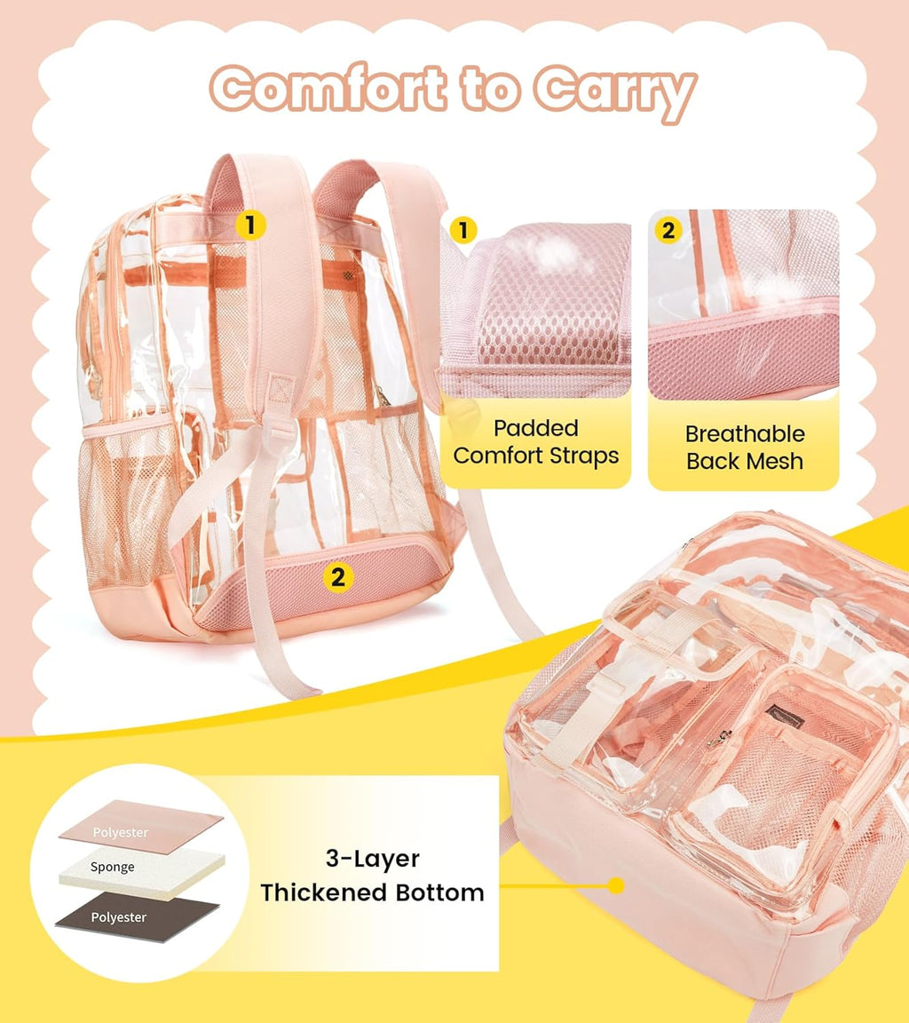 Vorspack Clear Backpack for School - Heavy Duty Transparent Bookbag for Girls Boys Extra Large See Through backpacks for Work, College, Travel - Pink