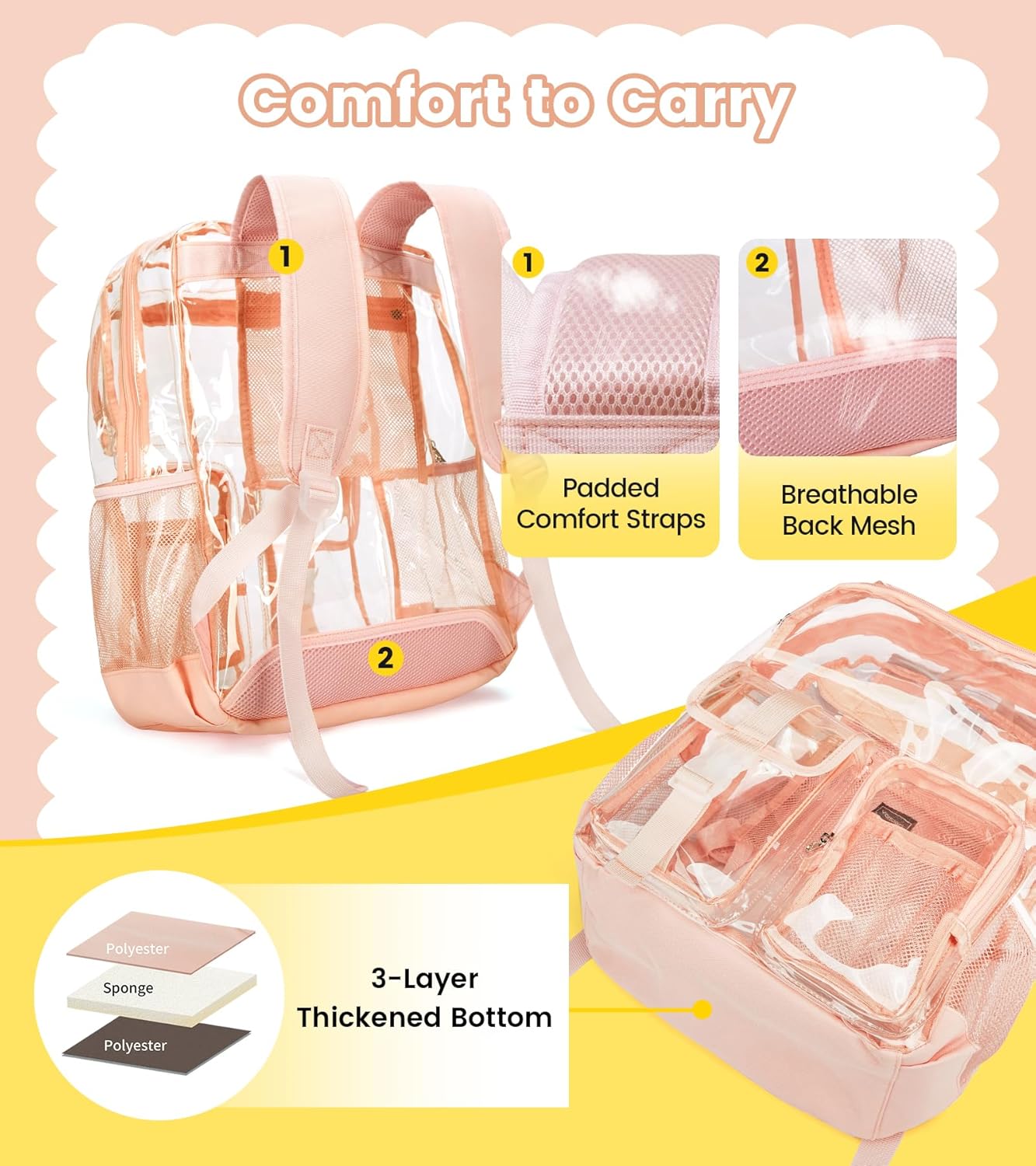 Vorspack Clear Backpack for School - Heavy Duty Transparent Bookbag for Girls Boys Extra Large See Through backpacks for Work, College, Travel - Pink