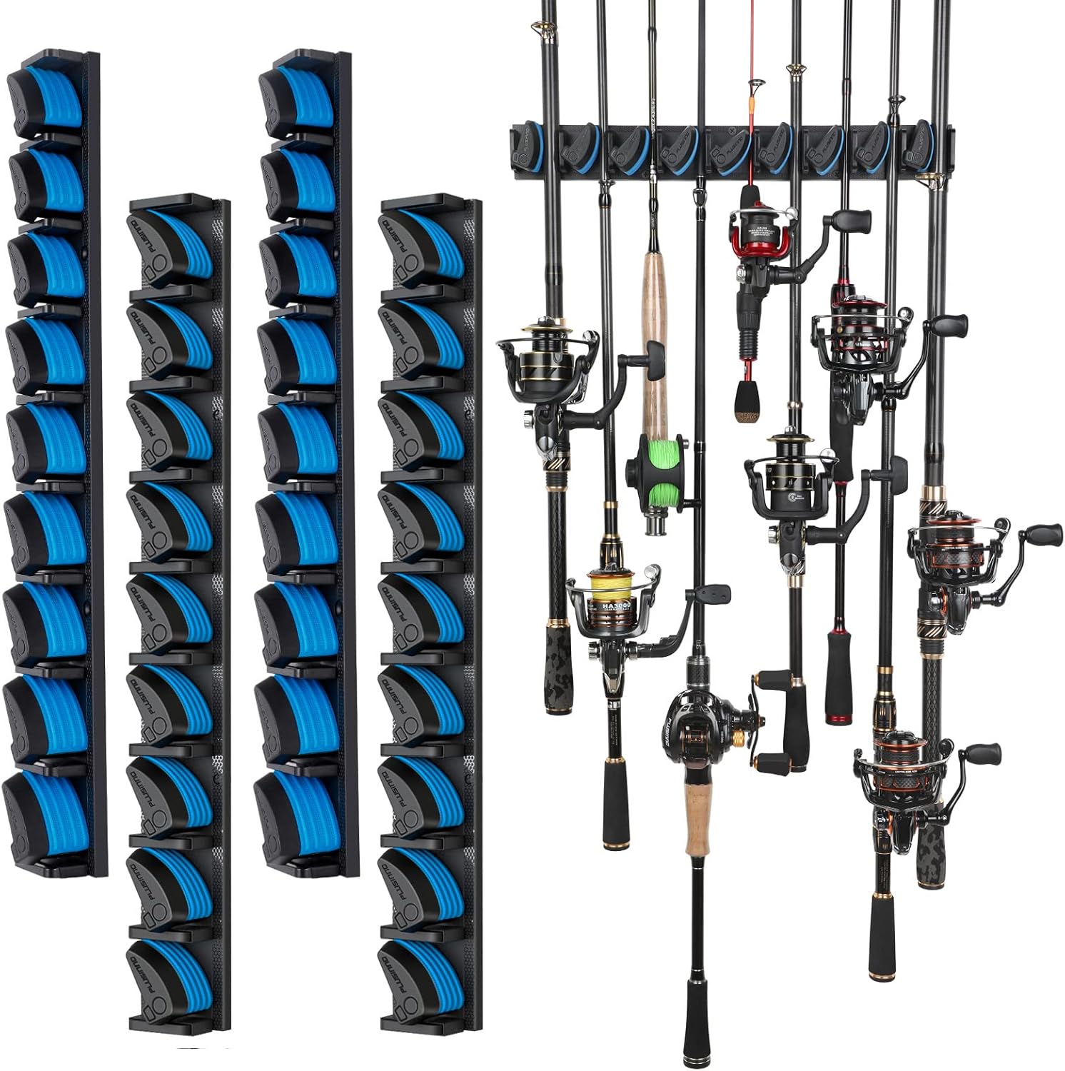 PLUSINNO Fishing Rod Rack - Wall Mounted Holder for Up to 36 Rods | 4-Pack Fishing Gear Storage