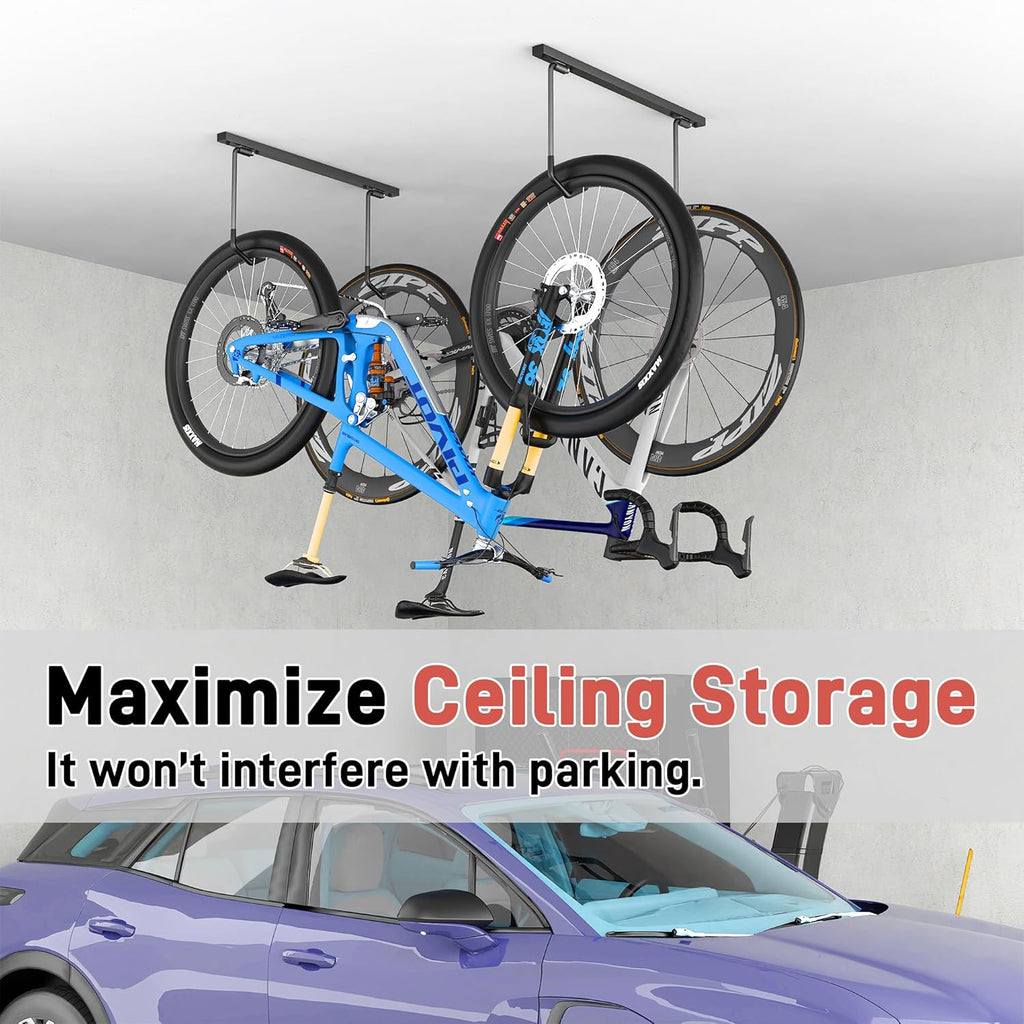 Ultrawall Ceiling Bike Rack - Indoor Bike Storage Hanger for 2 Bikes Horizontally or 4 Bikes Vertically | Adjustable Hooks, 25 Inch