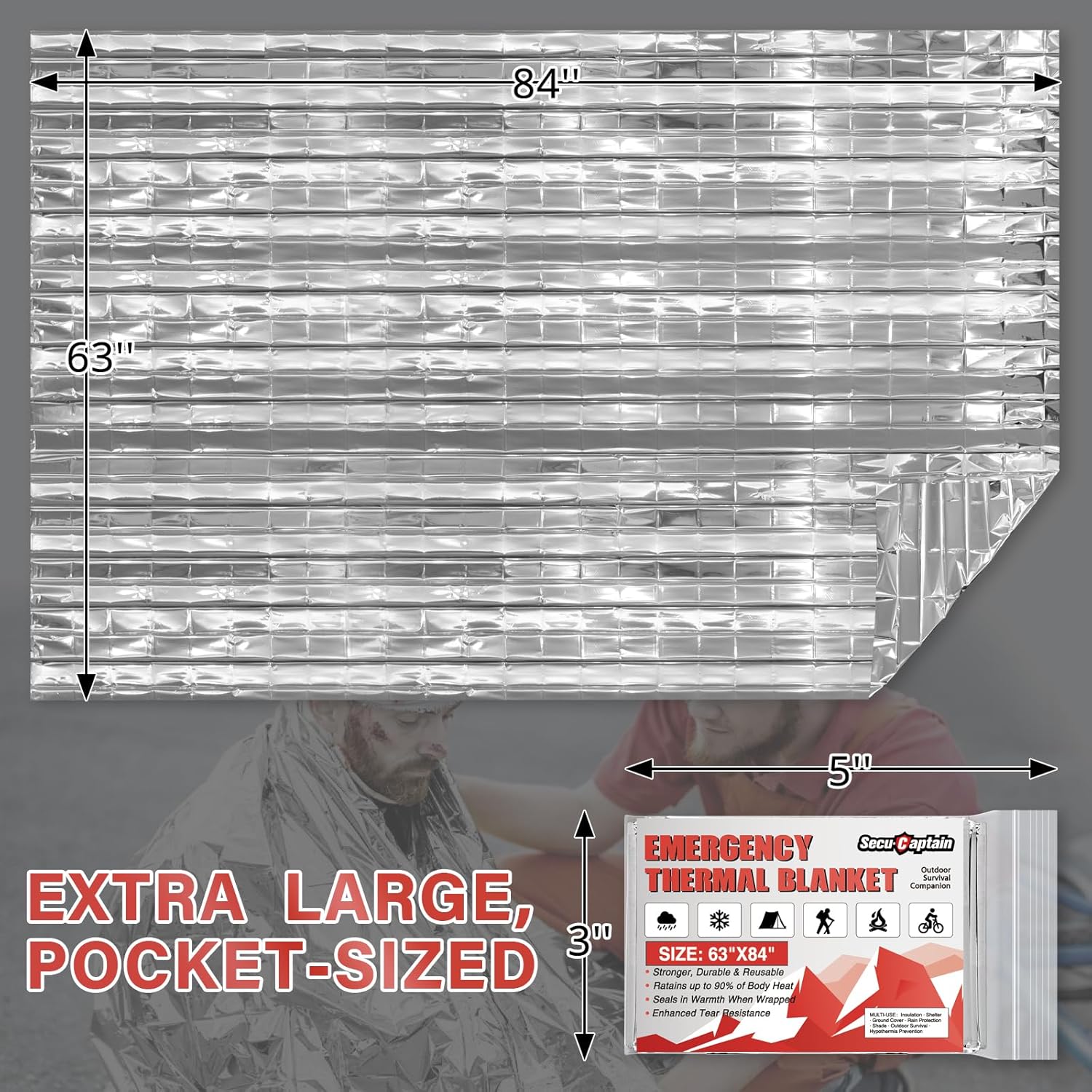 SecuCaptain Emergency Thermal Blankets - Extra Large 84” x 63” Mylar Survival Kit for Winter Camping | 4 Pack