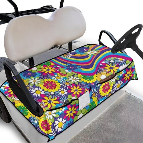 Suobstales Hippie Daisy Swirl Print Golf Cart Seat Towel Blanket Cover with 4 Pockets for All Weather, Non-Slip Golf Cart Seat Cover Compatible with EZGO, Club Car and More 2-Seat Golf Carts