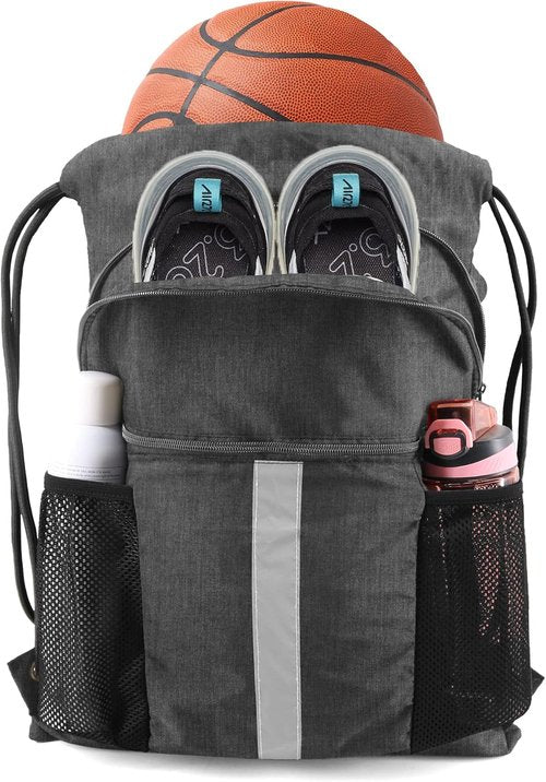 BeeGreen Drawstring Backpack - X-Large Black Gym Bag with Shoe Compartment for Sports