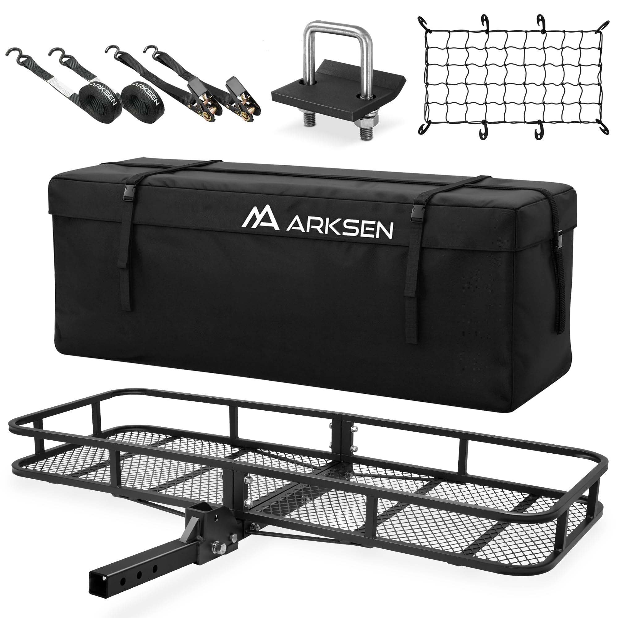 ARKSEN 60" x 23" x 5.5" Folding Hitch Cargo Carrier Basket w/Waterproof Cargo Bag(16.5 Cu Ft), Net, Hitch Stabilizer, 2 Ratchet Straps, 500 Lbs Heavy Duty Rear Trailer Cargo Rack Fits 2" Receiver