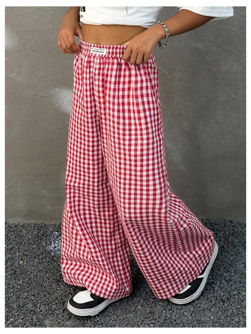 SOLY HUX Girl's Plaid Gingham Baggy Pants Elastic High Waisted Wide Leg Long Pants Trousers Red Plaid 9Y