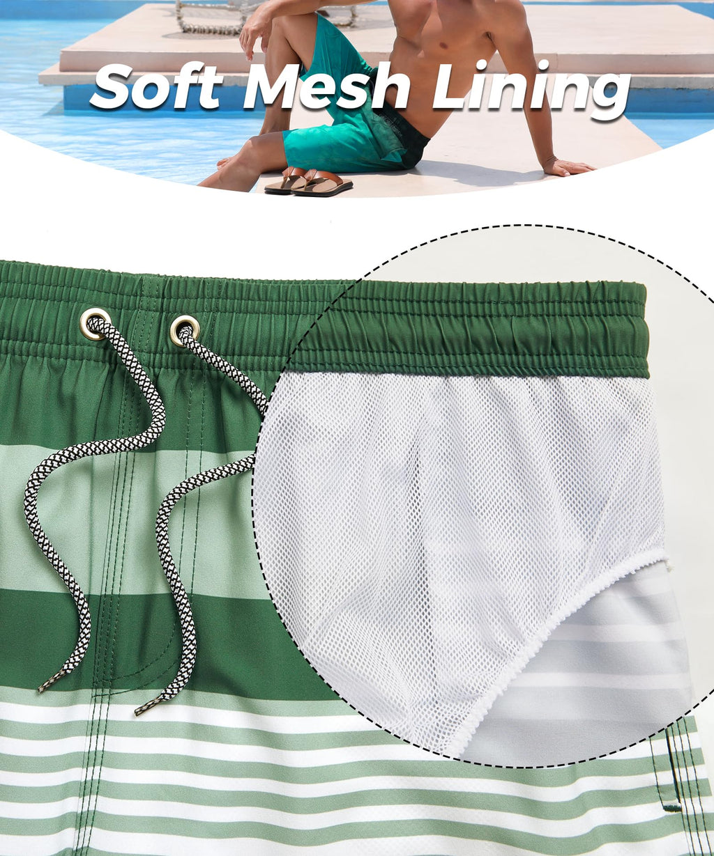 ELETOP Men's Swim Trunks Quick Dry Bathing Suit Swimming Board Shorts Mesh Lining Beach Swimwear Stripe Green White XXL