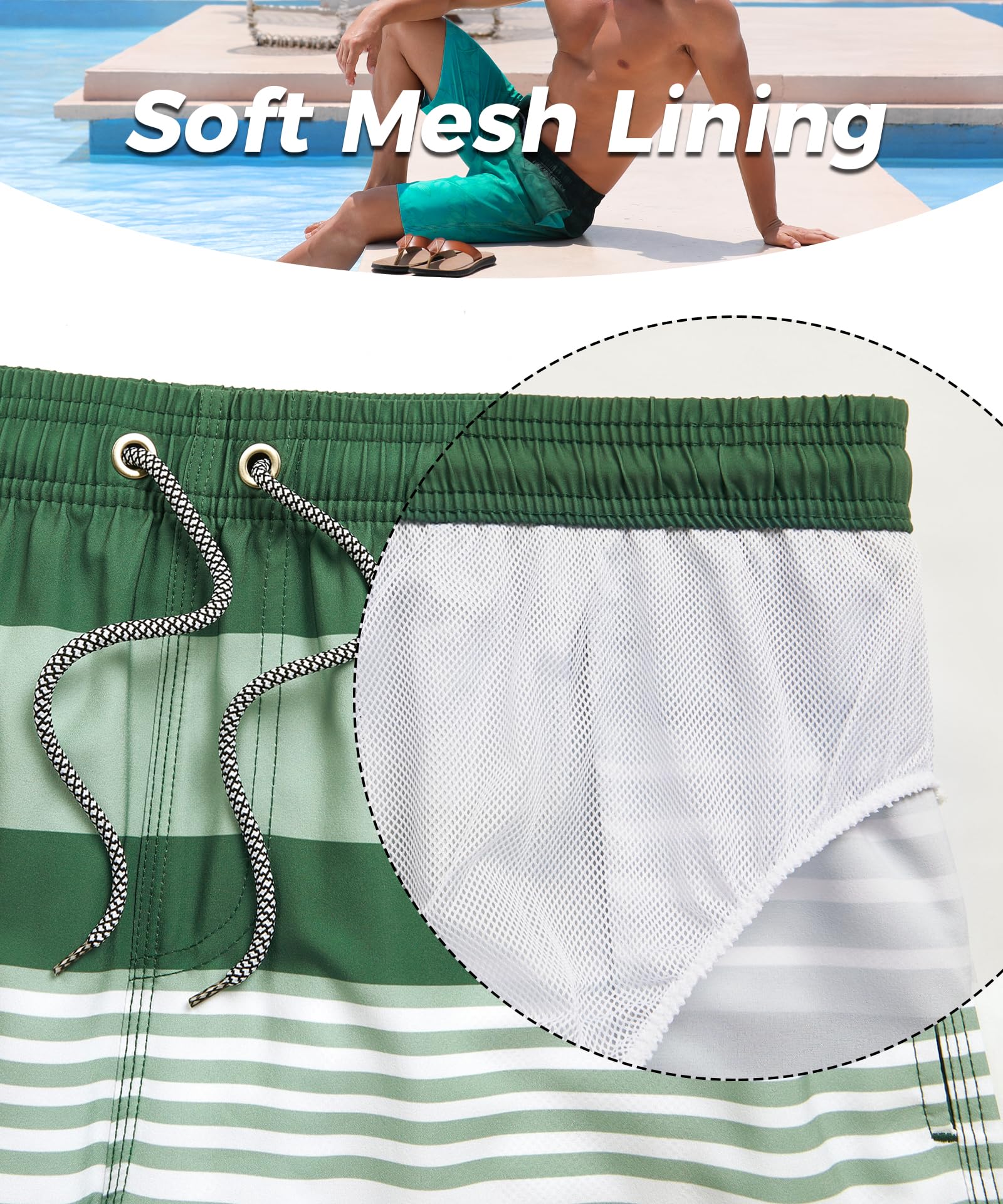 ELETOP Men's Swim Trunks Quick Dry Bathing Suit Swimming Board Shorts Mesh Lining Beach Swimwear Stripe Green White XL