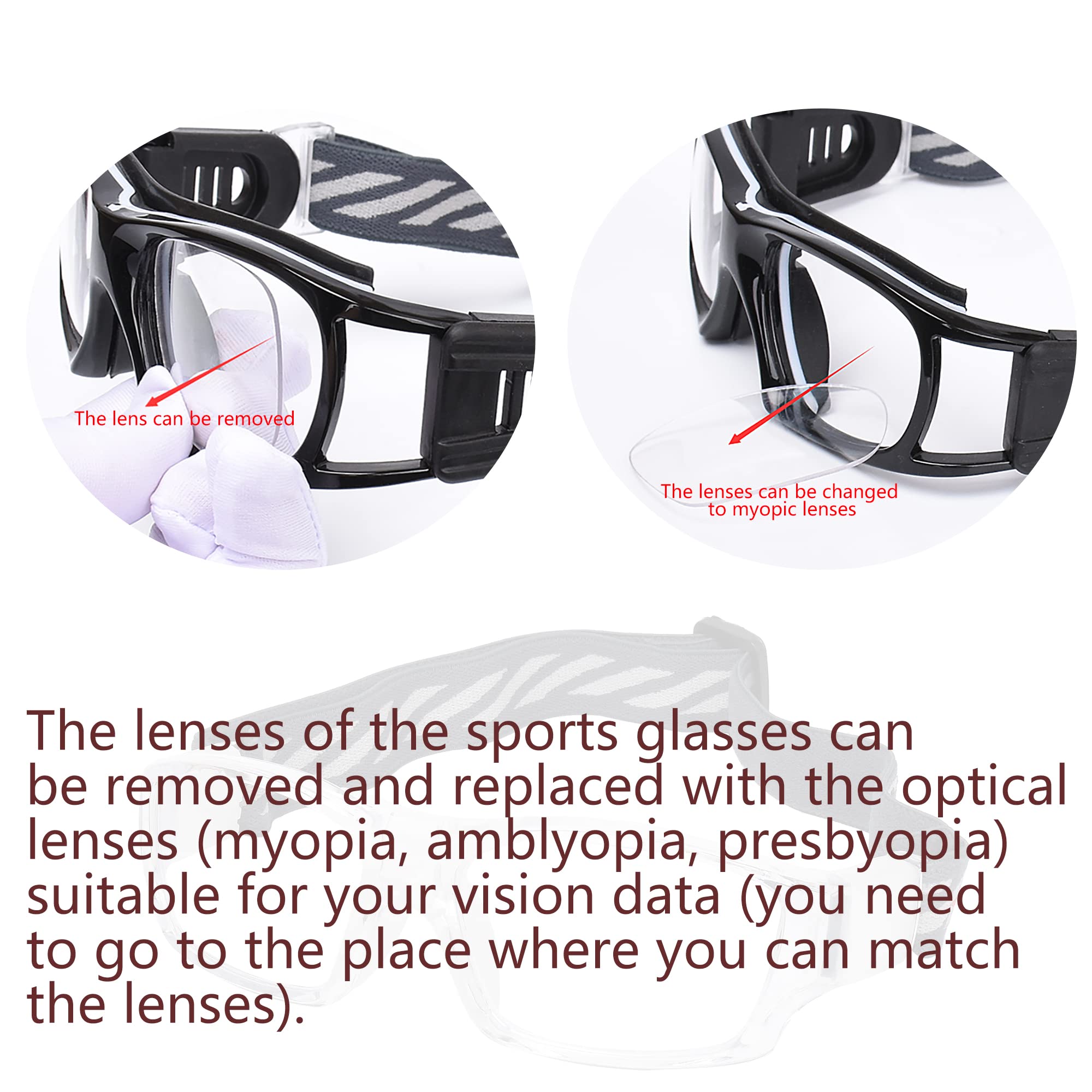 SooGree Sport Glasses Goggles Basketball Soccer Sports Protective Eyewear Goggles Safety Glasses-Replaceable Prescription Lens (8031 Transparent Frame White Pad)