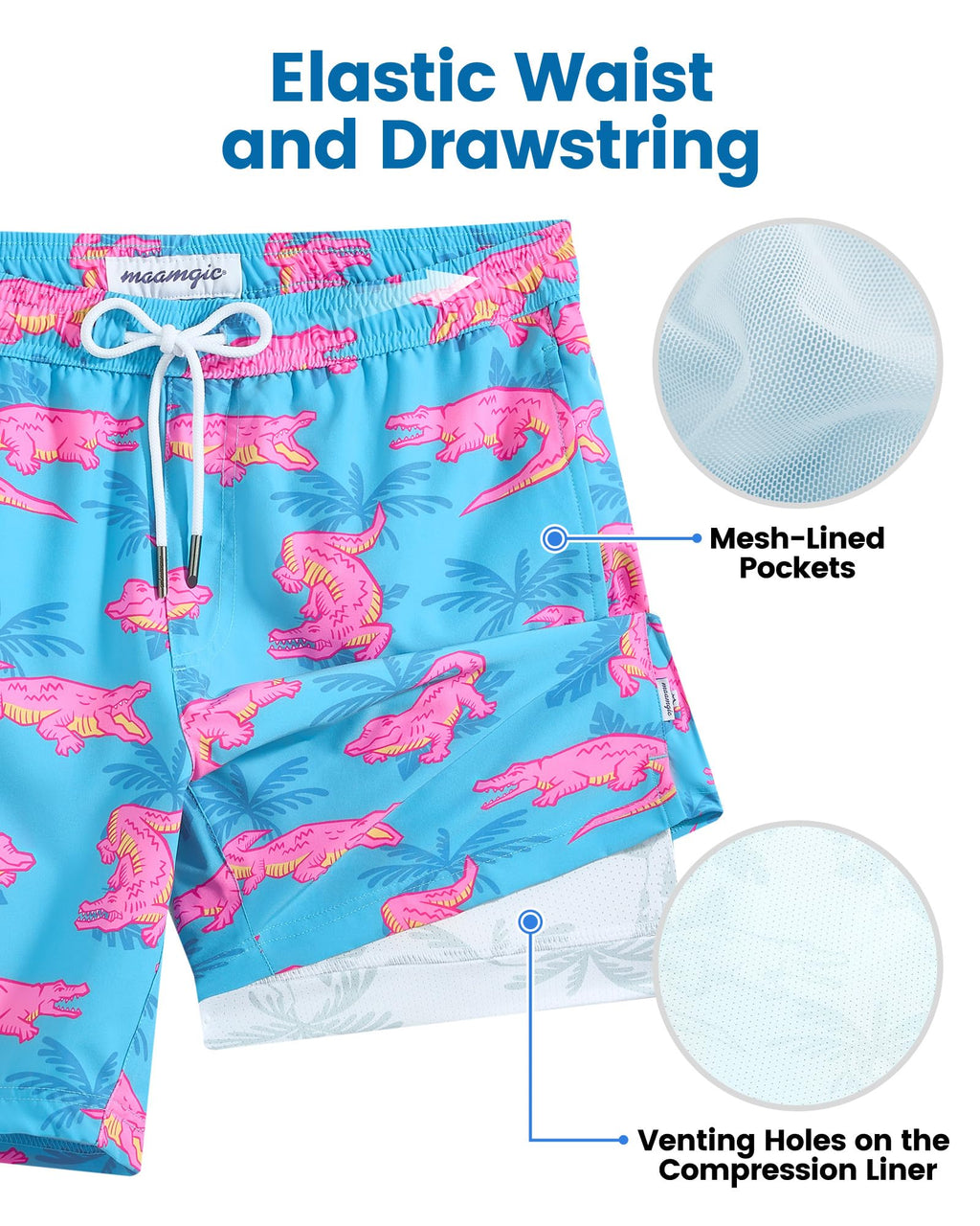 maamgic Mens Swim Trunks with Compression Liner 7 Inch Inseam Mens Bathing Suit Quick Dry Swimming Trunks Swimsuit Blue and Pink Crocodile XX-Large