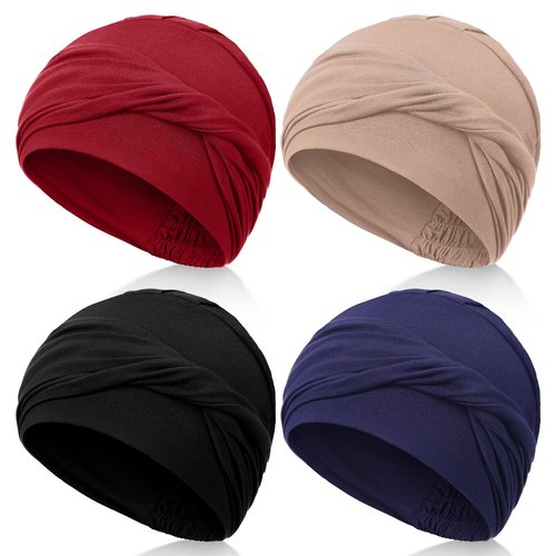 Zhengmy 4 Pcs Cotton Chemo Headwear for Women, Soft Cancer Skull Cap, Knot Turban Stretchy Sleeping Hats for Hair Loss Gift(Black, Khaki, Wine Red, Navy Blue)