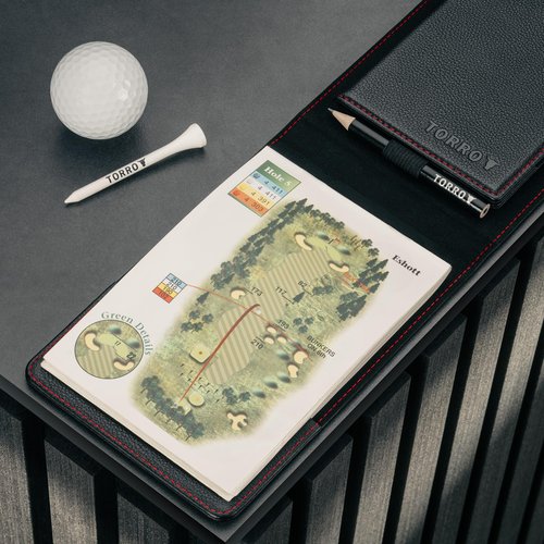 TORRO Large Golf Scorecard and Yardage Book Holder – Genuine Leather Pro Golf Score Card and Yardage Wallet with Pencil (Black with Red Detail)