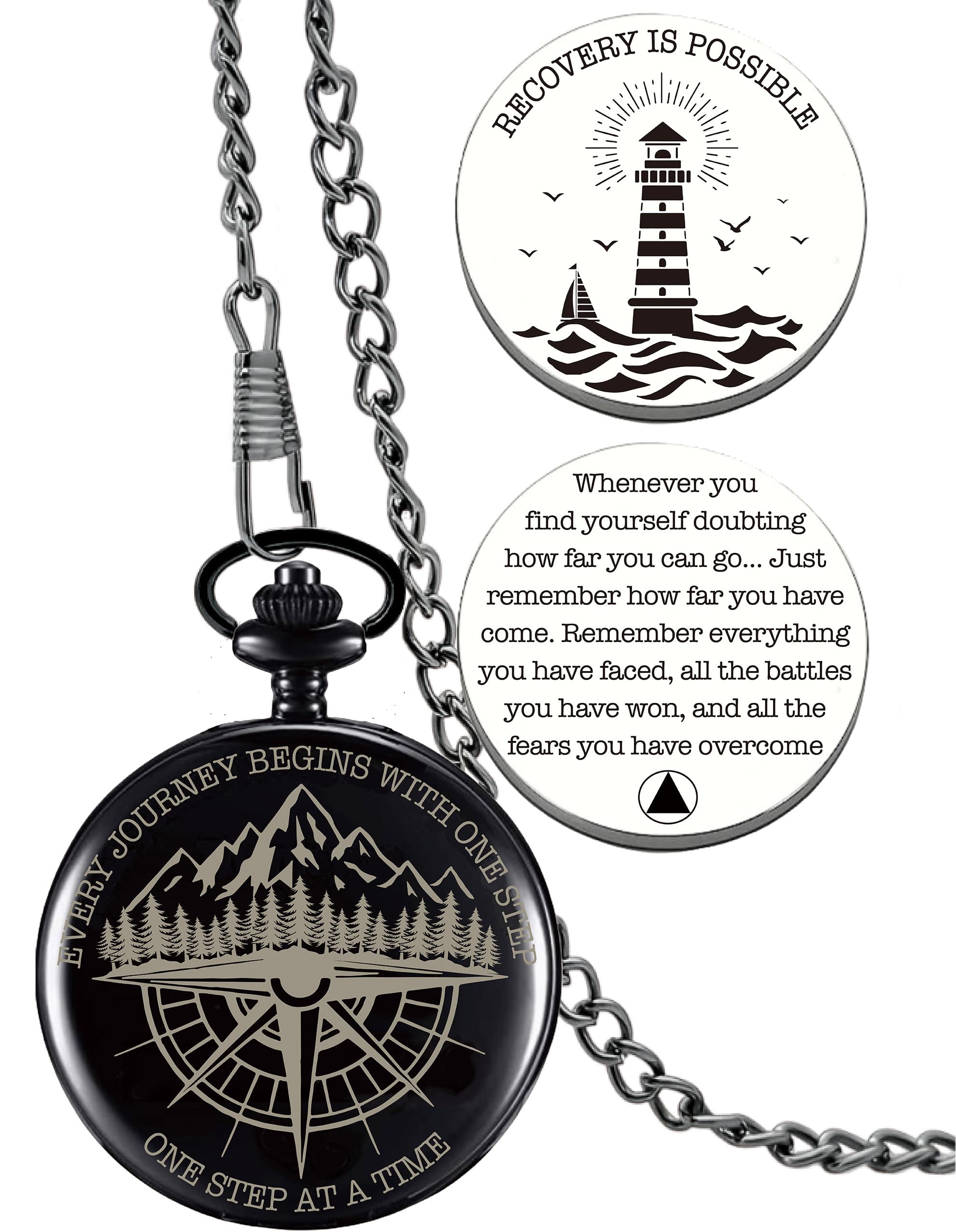 Sobriety Gifts Men, One Step at A Time Gifts Pocket Compass Black, Sobriety Pocket Token, Alcoholics Anonymous Gift, Inspirational Recovery Gift for Men from Addiction, Sober Gifts for Him Husband