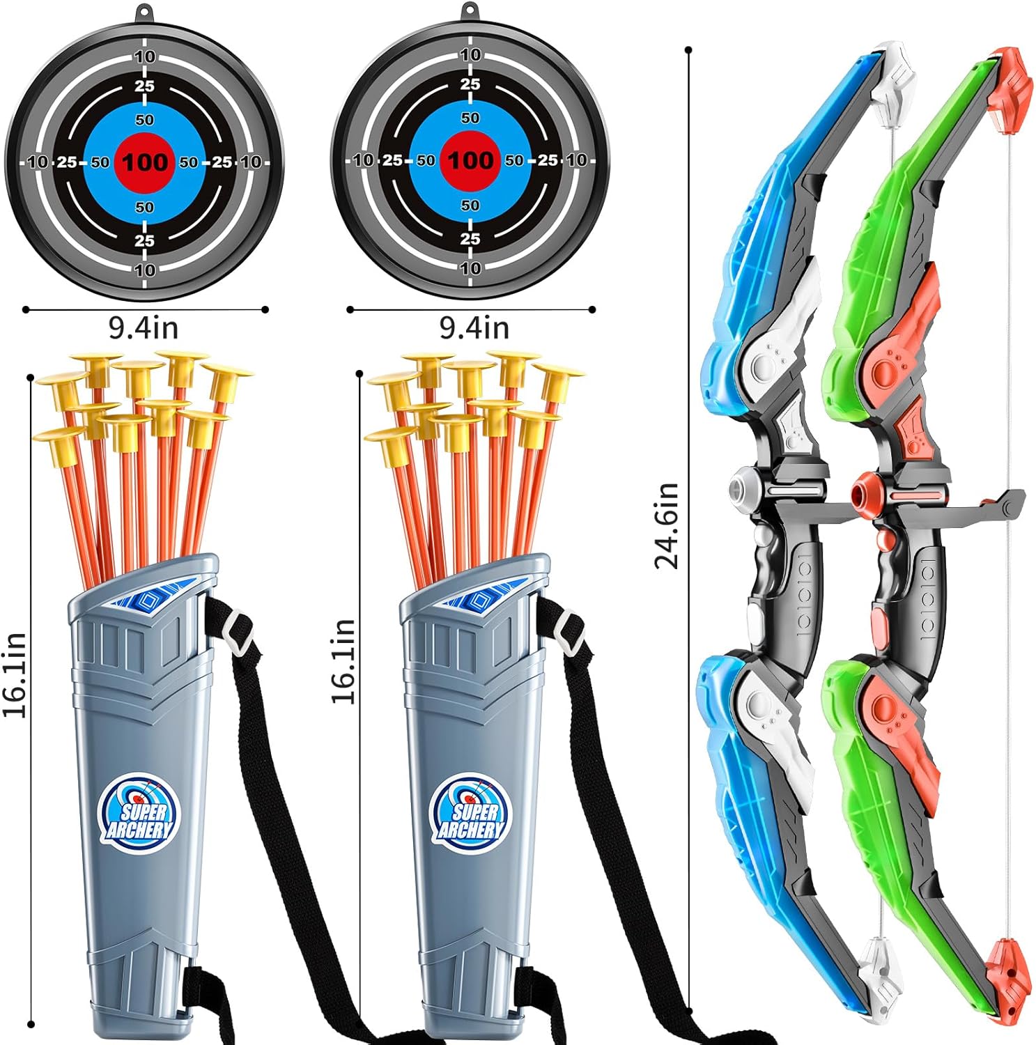 Skiennix Bow and Arrow Set - LED Light-Up Archery Toy with 20 Suction Cup Arrows & Quiver | Ages 3-12