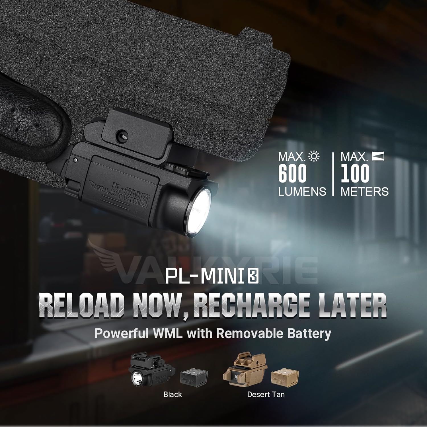 OLIGHT PL-Mini 3 Valkyrie Tactical Pistol Light - 600 Lumens, Compact Design, Rechargeable Batteries | Black