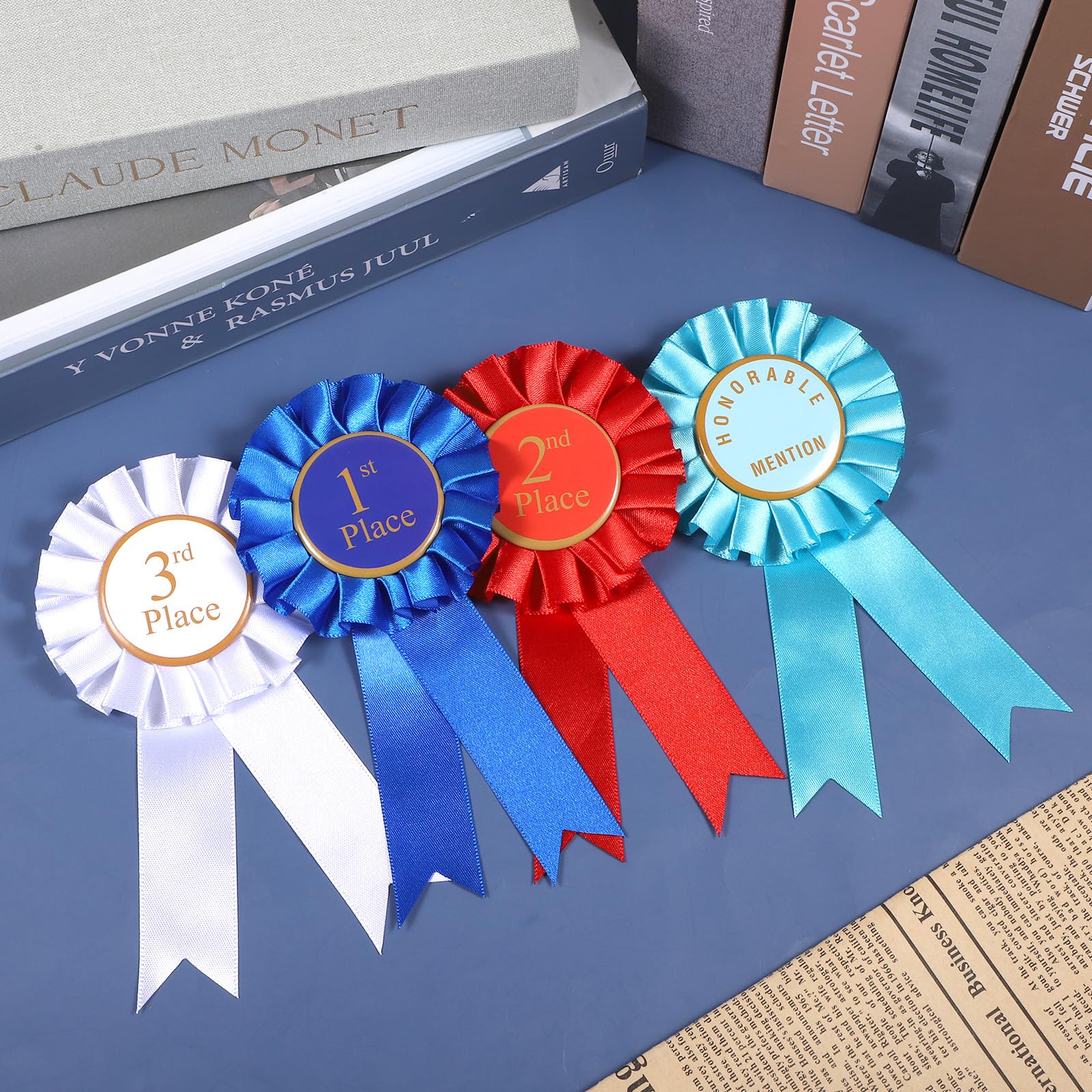 4 PCS Award Ribbon Rosette Set, Grand Prize Ribbon Winner Victory Ribbons, Satin Participation Ribbons 1st 2nd 3rd Place Honorable Mention Prize Badge Medals Deluxe Recognition-Ribbon for Classroom