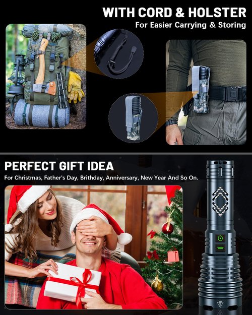 Rechargeable Flashlights 4000.000 High Lumens Super Bright LED Flashlight Flash Light Powered by Battery|25H Long Life|Holster|Zoomable 6Modes|Waterproof Tactical Flashlights for Camping Outdoor Home