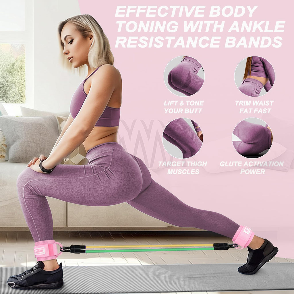 Ankle Straps Resistance Bands with Cuffs, Ankle Bands for Working Out, Ankle Resistance Band for Leg, Booty Workout Equipment for Kickbacks Hip Fitness Training (Pink with 3 Resistance Bands)