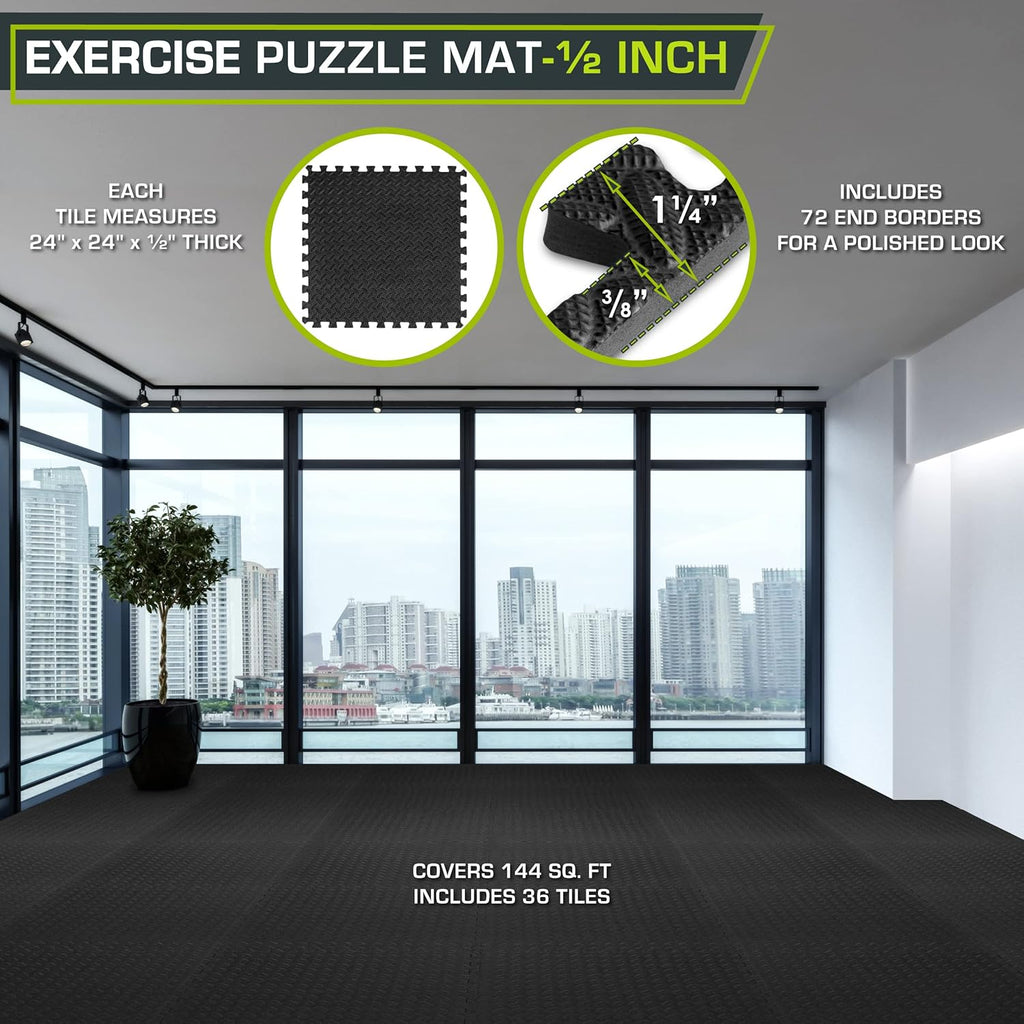ProsourceFit Puzzle Exercise Mat - Water-Resistant EVA Interlocking Foam Tiles | 24" x 24" | Black, 144 Sq Ft (36 Tiles)