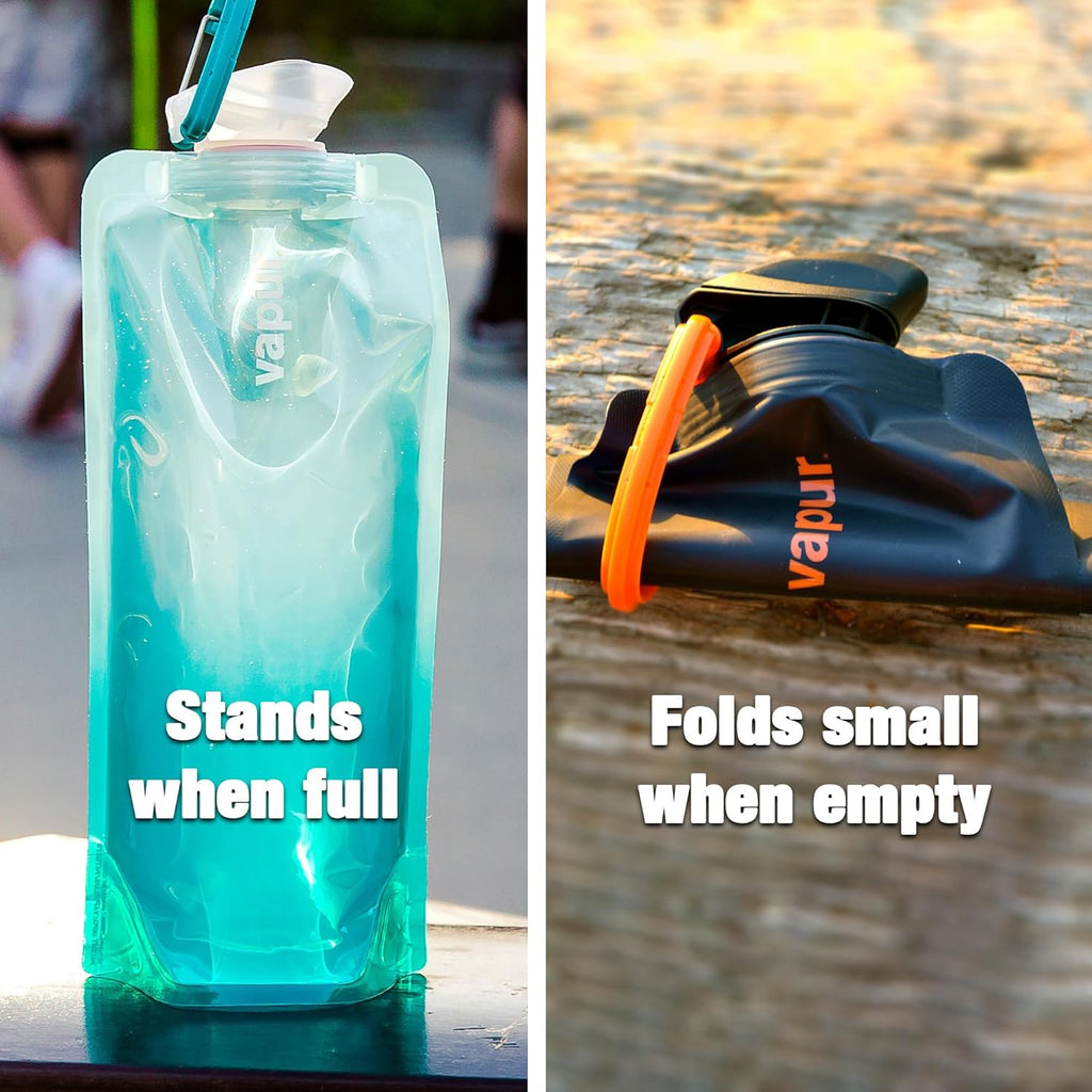 Vapur Collapsible Water Bottle - Compact 34 Ounce Hydration Solution | Folds Flat for Travel, Hiking & Camping - Blackout, Pack of 2