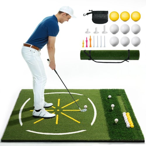 KULAMOON Golf Mat with Dual Turf, 5x4ft 26mm-45mm Thickened Golf Hitting Mat with Standing Guide-Line & Swing Path Line, Practice Mats for Indoor or Outdoor Use, Gifts for Men Dad & Golfers
