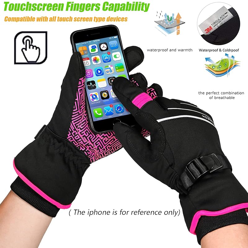 MOREOK Waterproof Winter Gloves 3M Thinsulate 200g - Pink Medium, Touchscreen