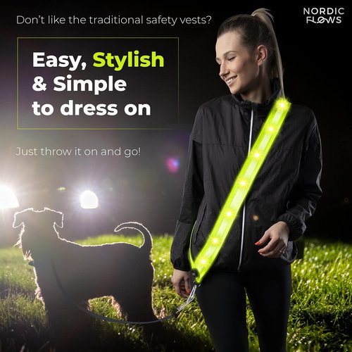 NordicFlows Rechargeable LED Lights Safety Vest – Reflective and Lighted Sash for Night Walks, Running, and Walking the Dog in the Dark Gear