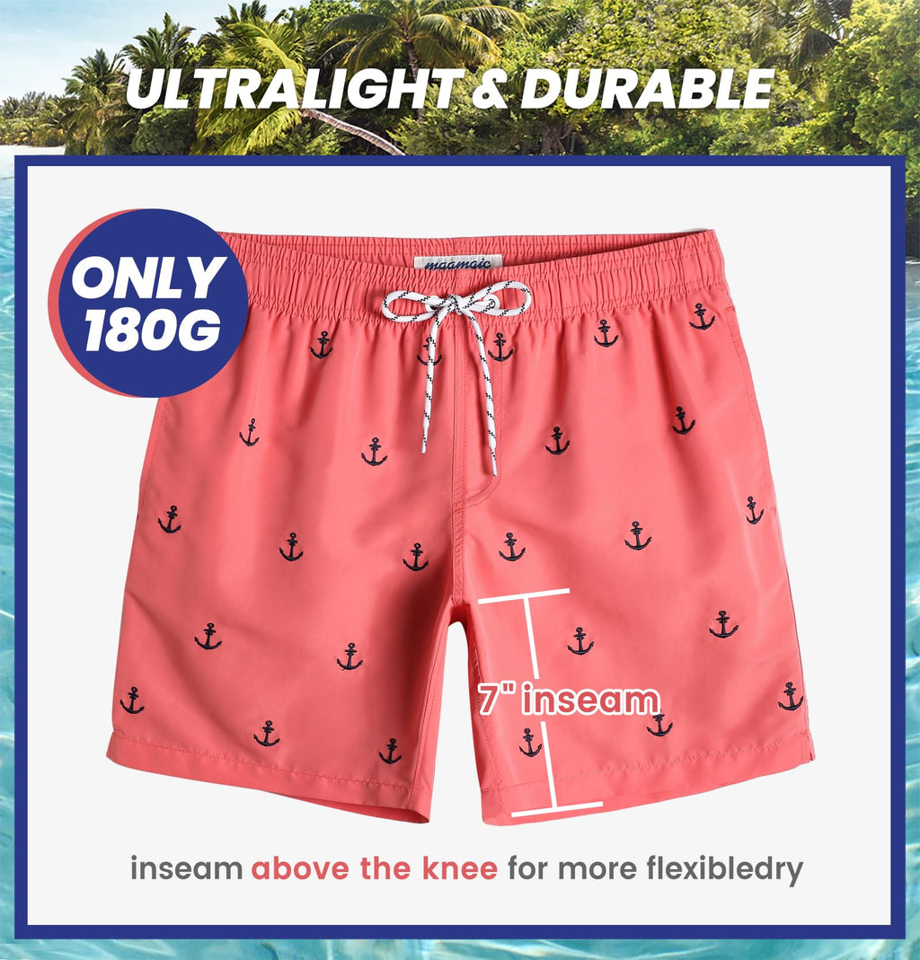 MaaMgic Mens Quick Dry Anchor Swim Trunks with Mesh Lining Swimwear Bathing Suits,Red-glm009,Small