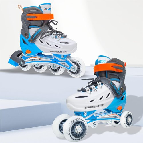 Jaspo Sparkle 2.0 Convertible Adjustable Inline Quad Roller Skates, 2-in-1 Design,Aluminium Chassis, 70Mm Pu 85A Wheels, PVC Shoe, Breathable Mesh-for Kids Youth Blue White, M