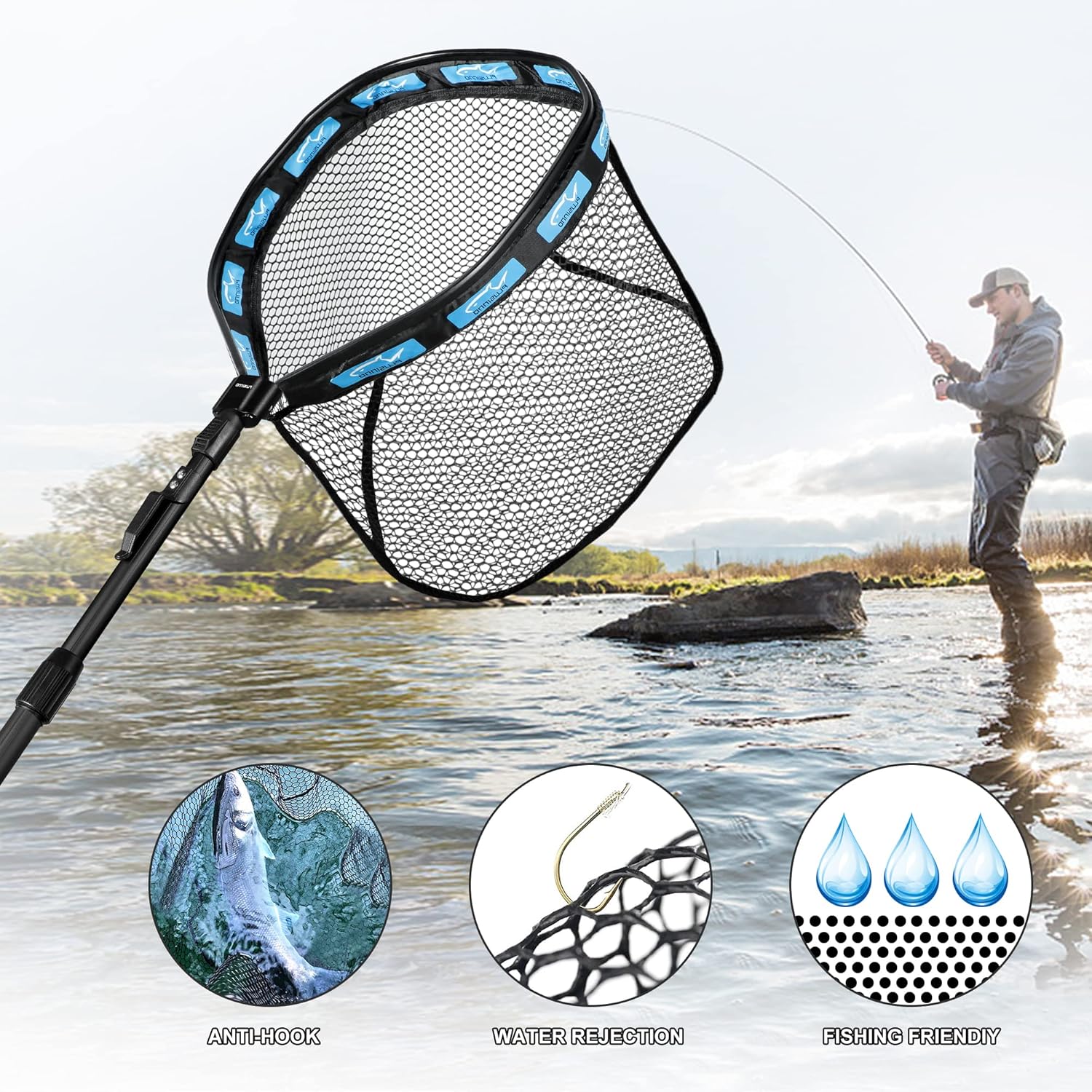 PLUSINNO Fishing Net - Foldable Telescopic Handle with Nylon Mesh for Bass & Trout Fishing | Ideal for Pond, Lake, River