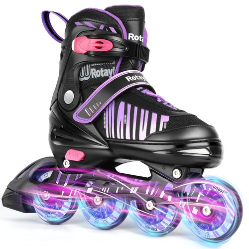 Rotayi Girls Inline Skates Ages 5-8 8-12, Adjustable Light Up Wheels Roller Skates Blades for Kids and Adults Women, Outdoor Roller Skates for Youth Teens, Purple