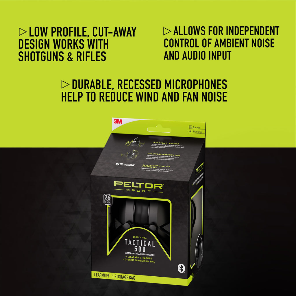 Peltor Sport Tactical 500 Bluetooth Hearing Protection Ear Muffs, 25 dB Noise Reduction Rating, Electronic Hearing Protection Headphones for Shooting, Hunting, Mowing, Construction, Concerts, & More