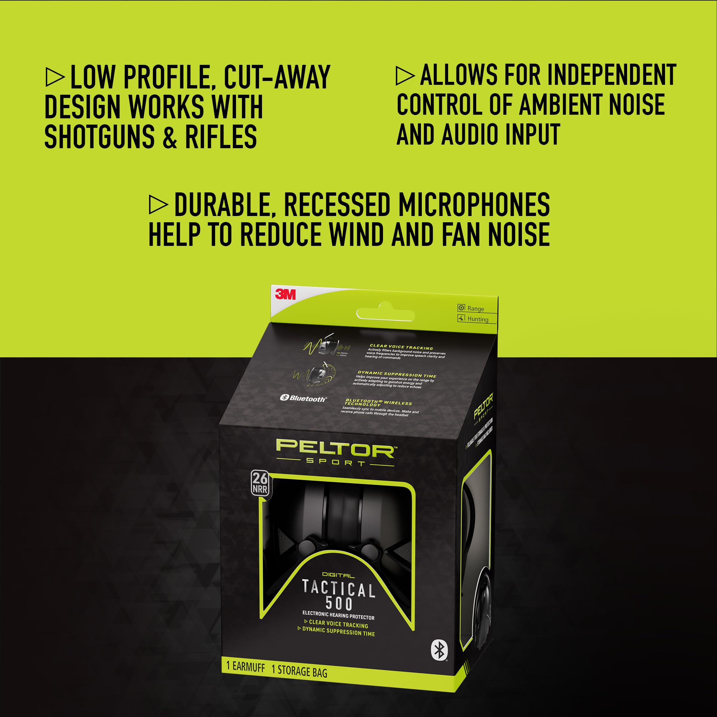 Peltor Sport Tactical 500 Bluetooth Hearing Protection Ear Muffs, 25 dB Noise Reduction Rating, Electronic Hearing Protection Headphones for Shooting, Hunting, Mowing, Construction, Concerts, & More
