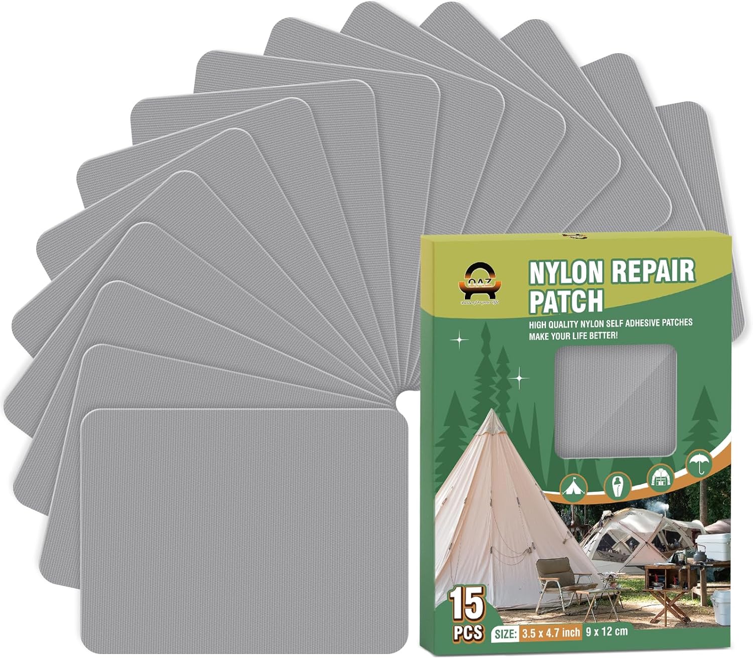 OAZ Nylon Repair Patches - 15 Self-Adhesive Waterproof Fabric Patches for Tents & Clothing | Gray 3.5 x 4.7 Inch