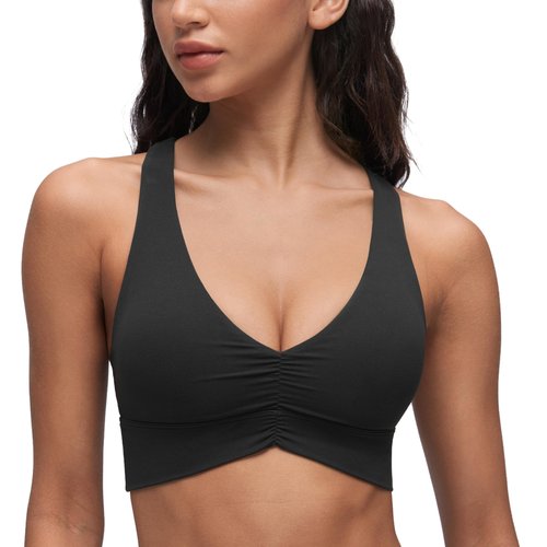 CRZ YOGA Butterluxe Ruched Longline Sports Bras for Women - V Neck Padded Yoga Tank Wide Straps Cross Back Crop Tops Black Medium
