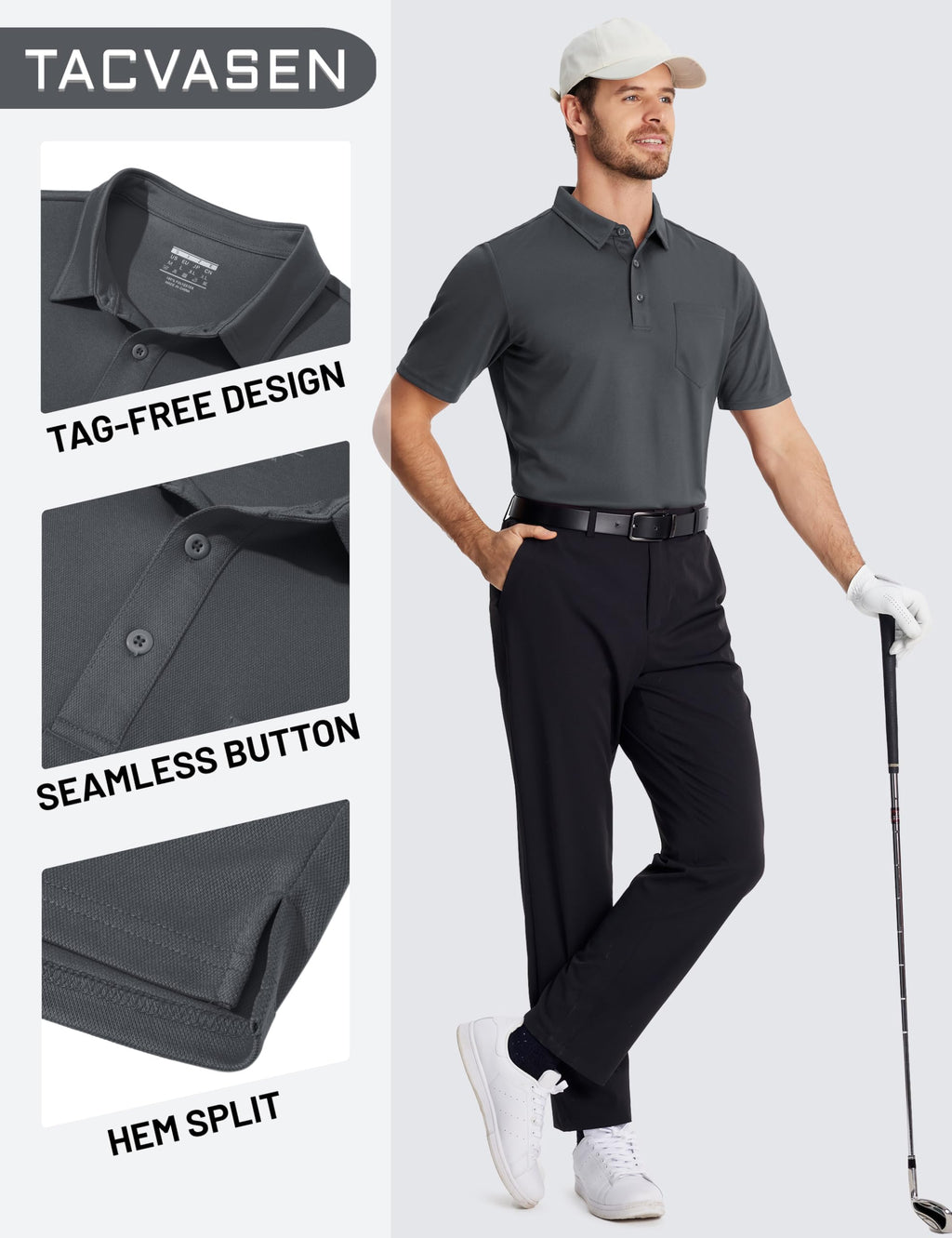 TACVASEN Mens Polo Shirts with Pocket Golf Polos Dry Fit Performance Short Sleeve Collared Shirt Casual Athletic Work Dark Gray L